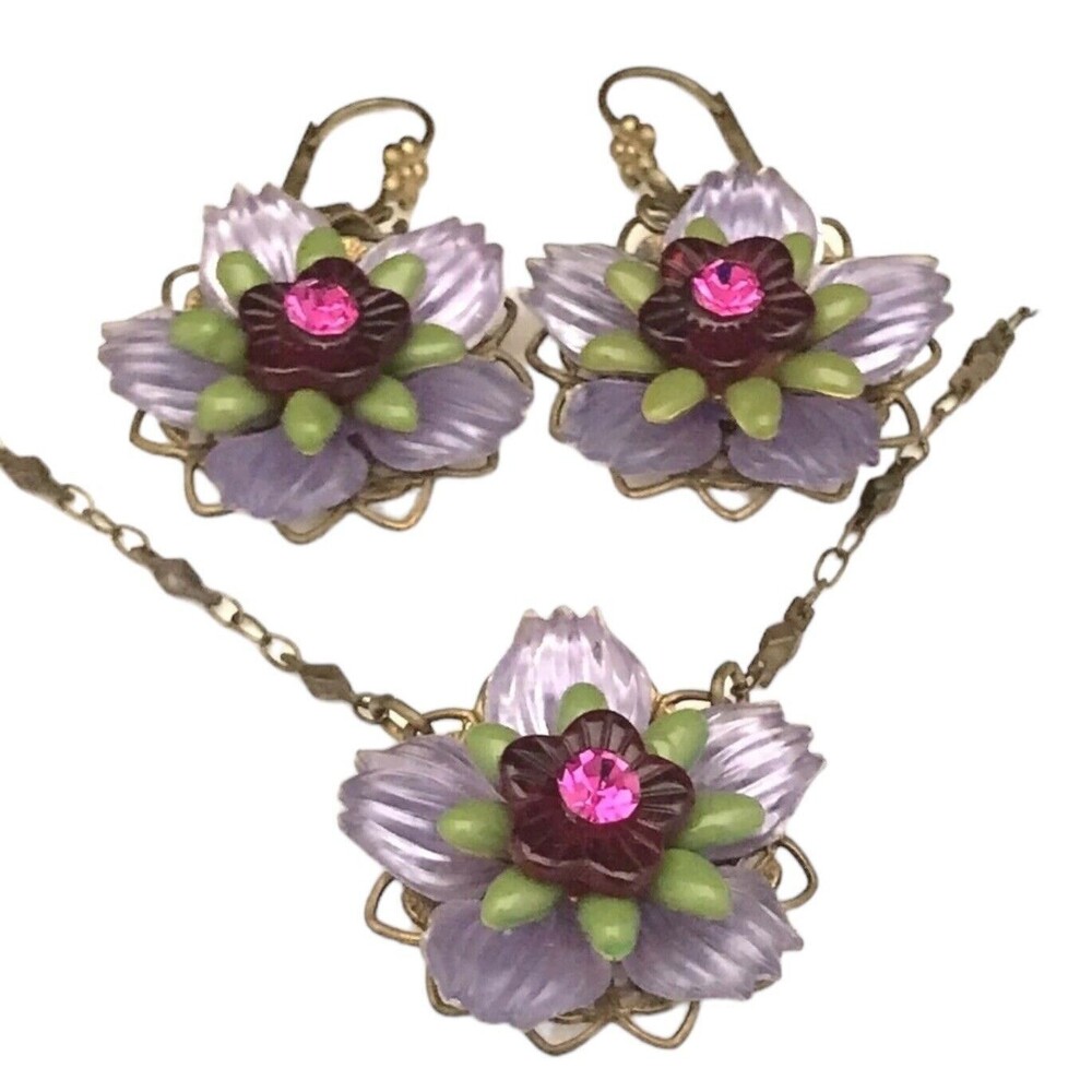 Vintage 1980s Janny Floral Necklace Earrings Set Crystal Enamel Brass Tone - 8C